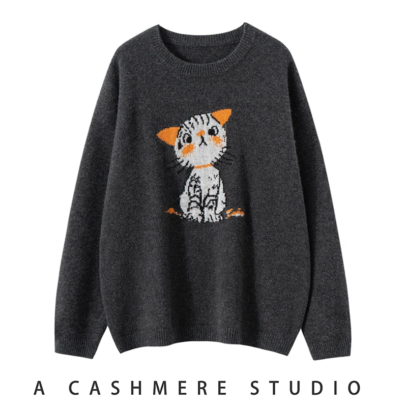 

Женская вязаная базовая кофта из чистого кашемира с круглым вырезом, с мультяшным принтом, универсальная, осенне-зимняя, новый стиль, теплосберегающая, с длинным рукавом