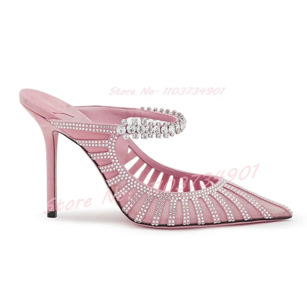Mesh Crystals Elegant Pointed Toe Slippers Female Fashion Satin Outdoor Thin High Heels Mules Women Casual Chic Party Slippers