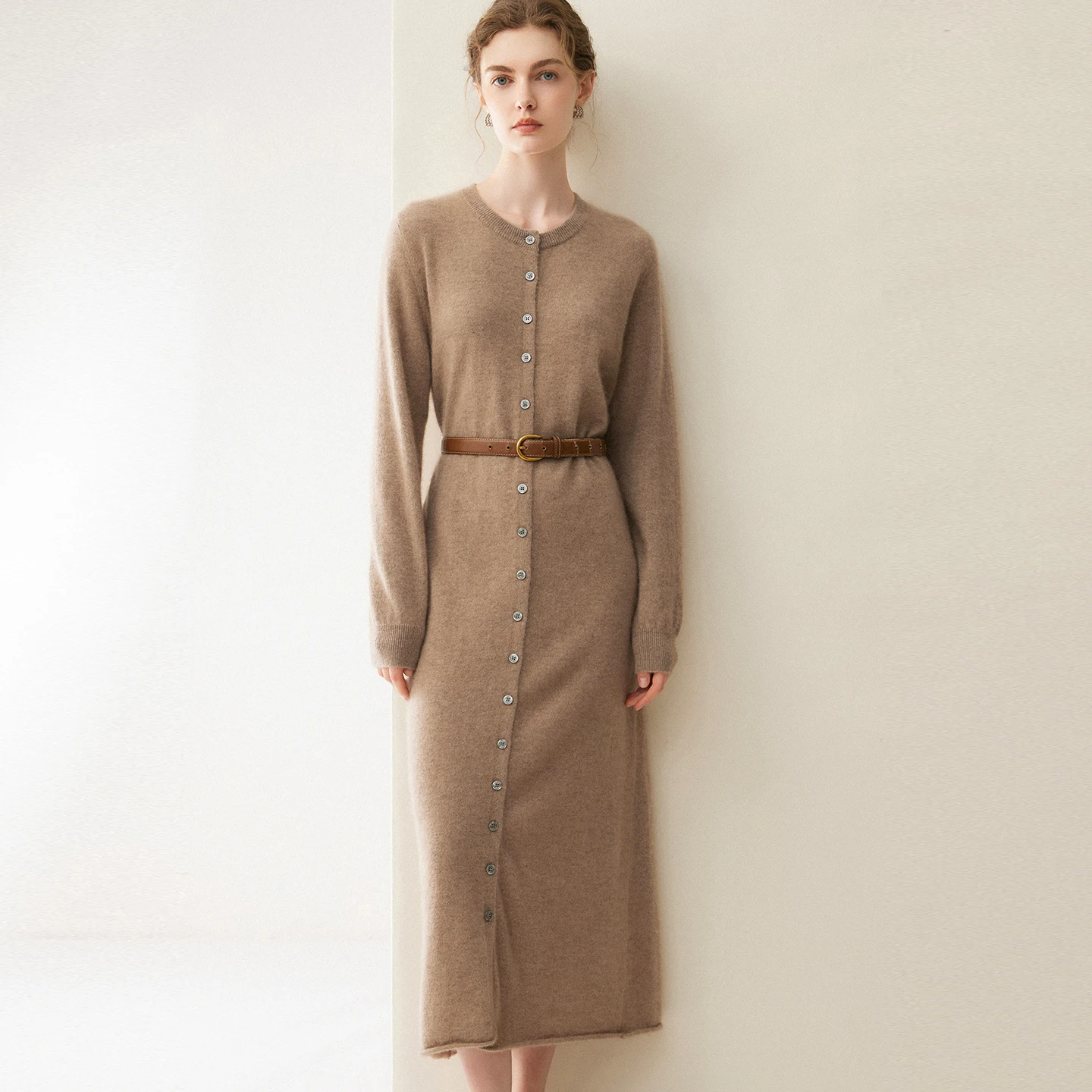 100% Pure Goat Cashmere Long Cardigan Women's O-Neck High-Quality Knit Long Skirt Fashion Loose Soft Knitwear Cashmere Warm Coat
