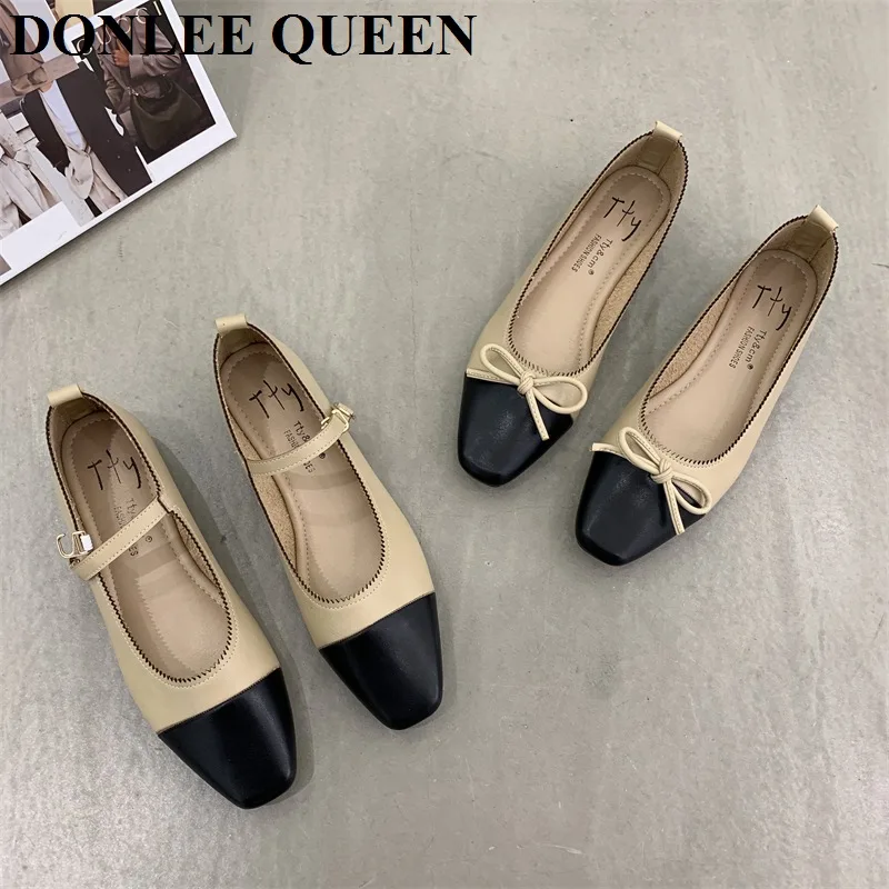 Shallow Bottoms Flats Women Shoes 2022 Autumn Elegant Design Bow Knot Square Toe Ballerina Brand Color Matching Female Mary Jane