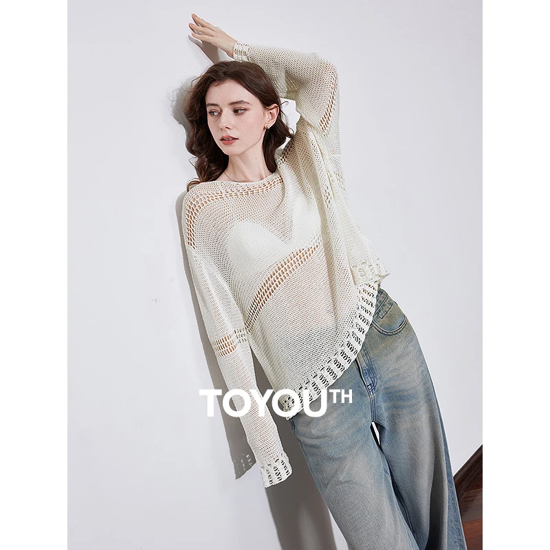 TOYOUTH Women Knitted Shirt 2025 Spring New Hollow Out Linen Lazy Style Long Sleeve Sexy Imitation Tops