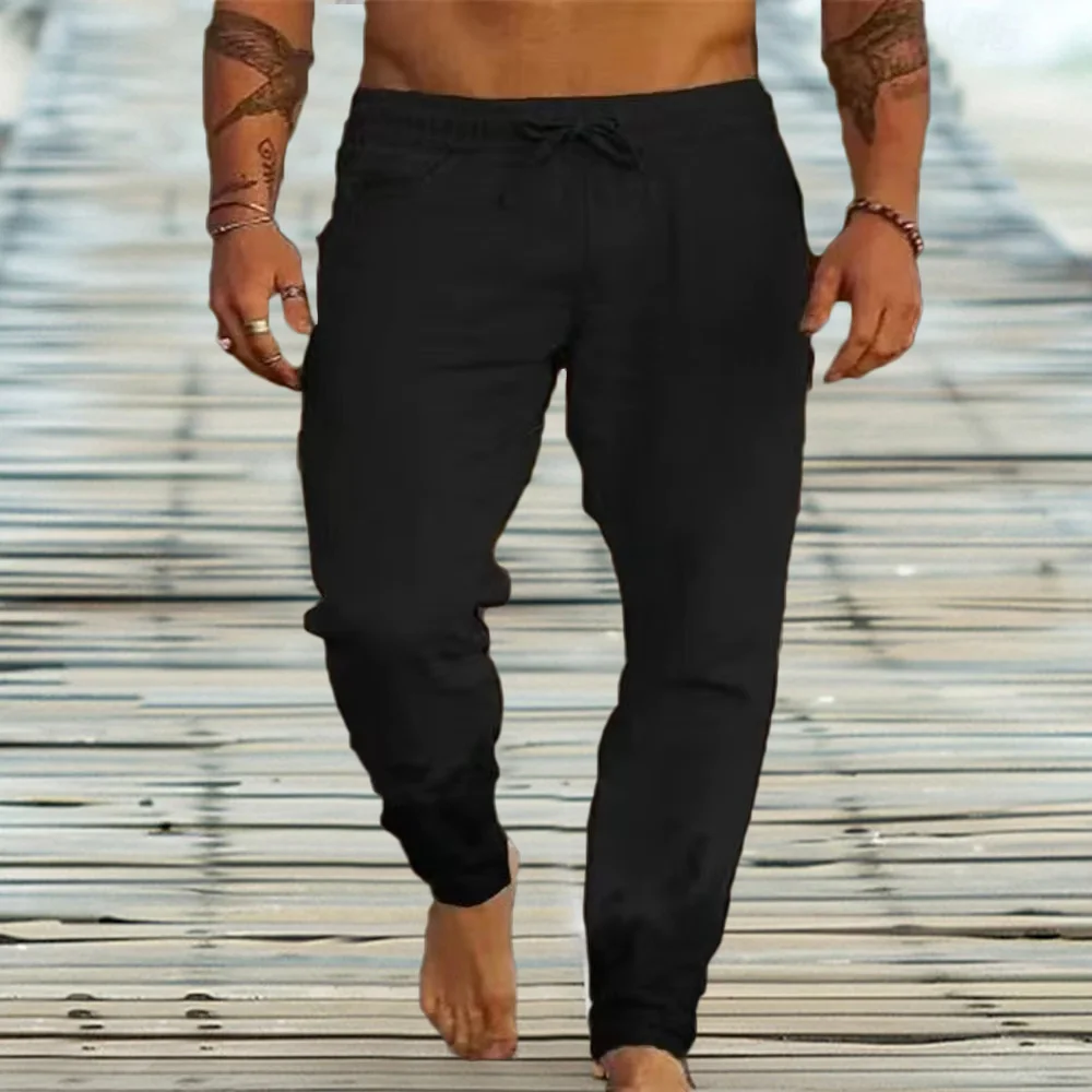 Männer Baumwolle Leinen Casual Jogginghose Strand Hosen Jogger Solide Kordelzug Elastische Taille Hosen Männlichen Urlaub Lose Gerade Hosen – Detail 3