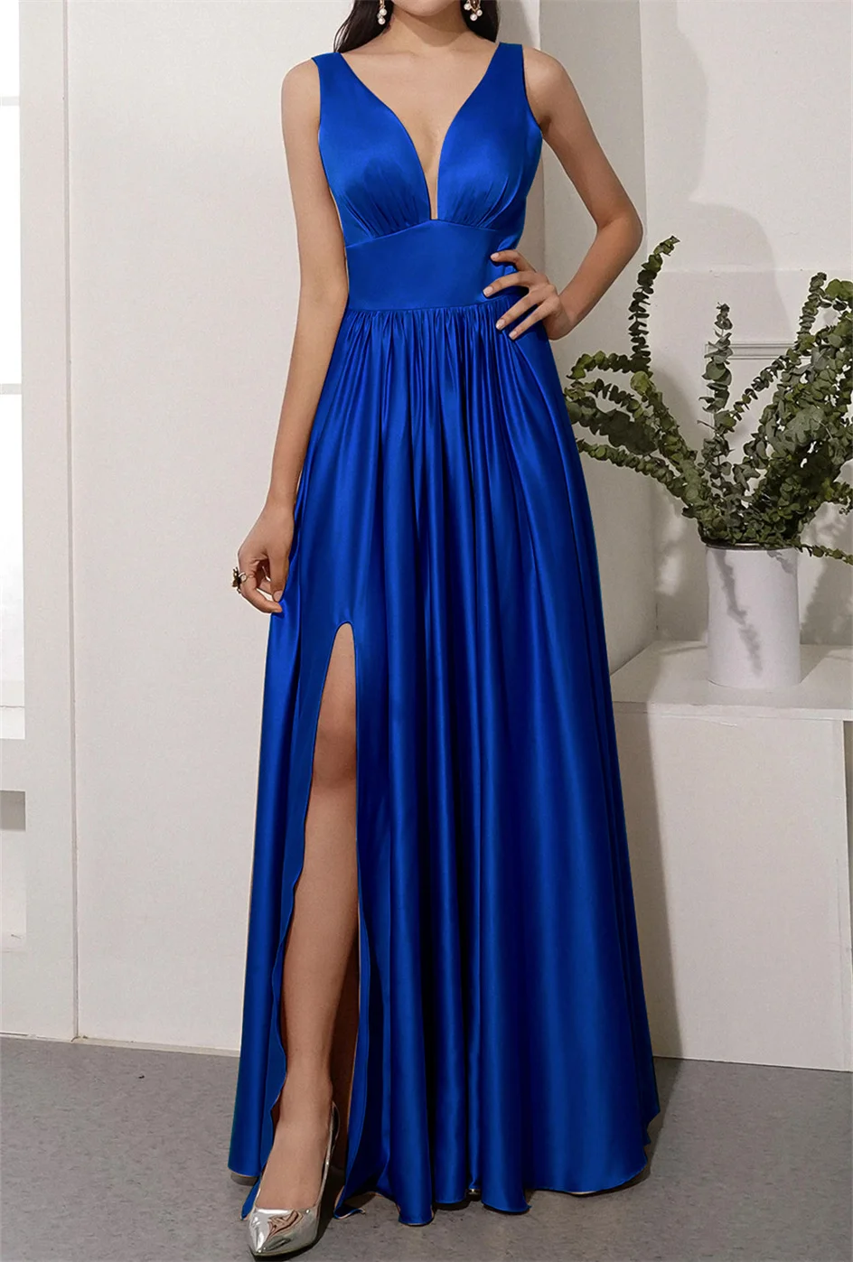 V-neck Simple Satin Sleeveless Floor-Length Slit Reunion Dress Bridesmaid Wedding Formal Elegant Eveninig Long Party Dresse