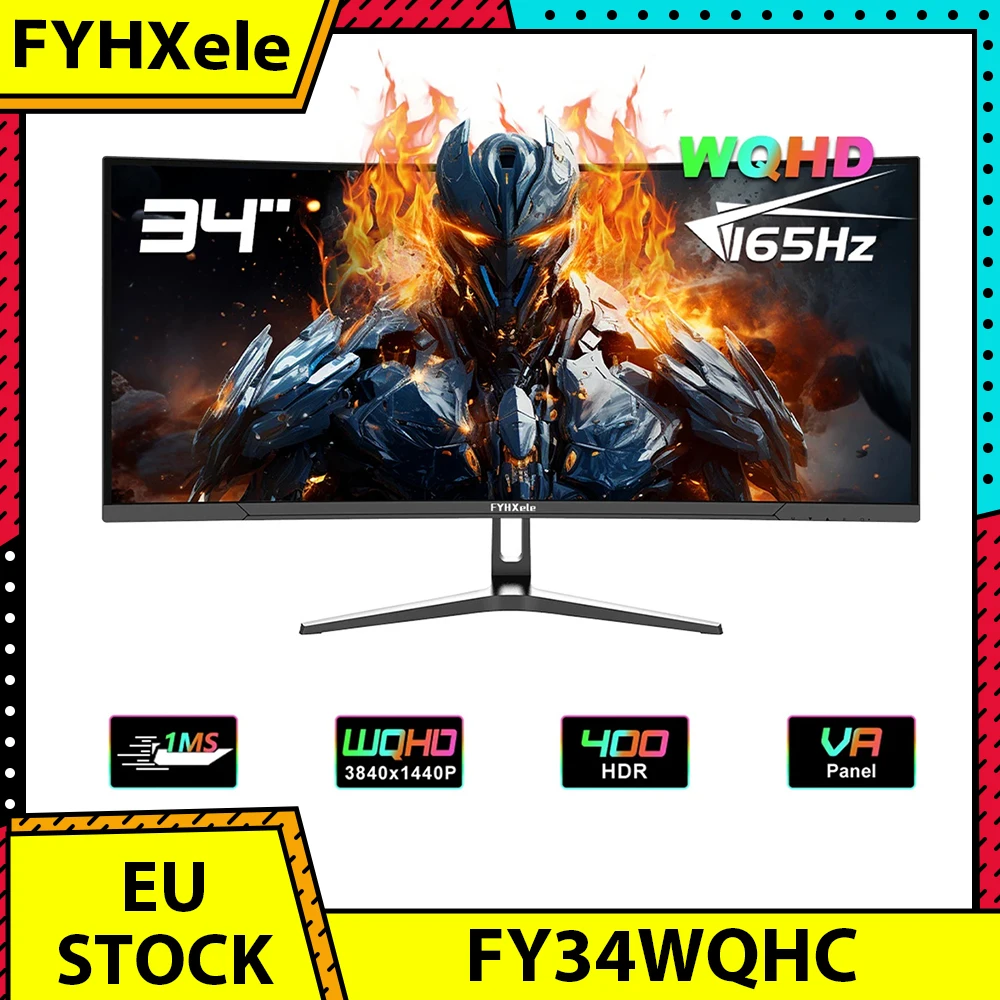 FYHXele FY34WQHC 34-inch Gaming Monitor, 3440*1440 WQHD 1500R VA Screen, 165Hz Refresh Rate, 3000:1 Contrast Rate, HDR 400