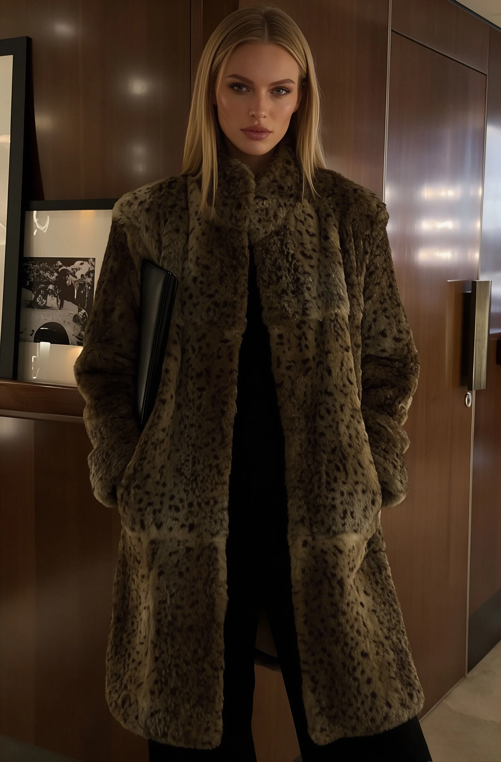 PUAL  Women Leopard Faux Fur Long Coat Stand Collar Warm Thick Luxury Furry Overcoat Winter Fashion Outerwear