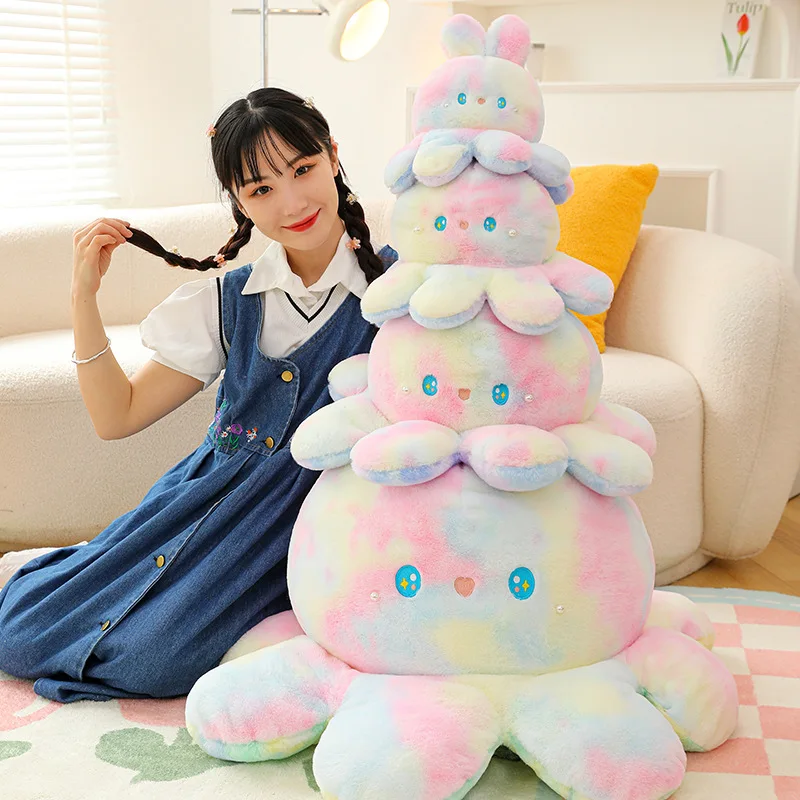 Colorful Tie‑dye Octopus Bunny Plush Doll Soft Reversible Stuffed Animal Toy Sofa Cushion Home Ornament Birthday Gift for Girls