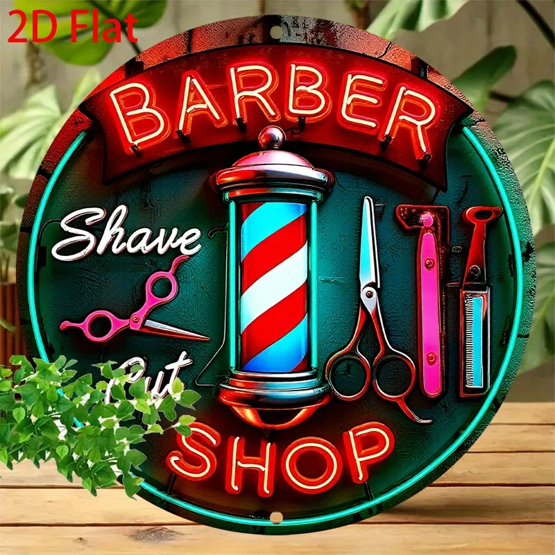 Retro Barbershop Neon Style Sign 2D Flat Metal Wall Decor 8 Round with Barber Pole & Letters for Home Salon Bar Cafe Garage - Ea