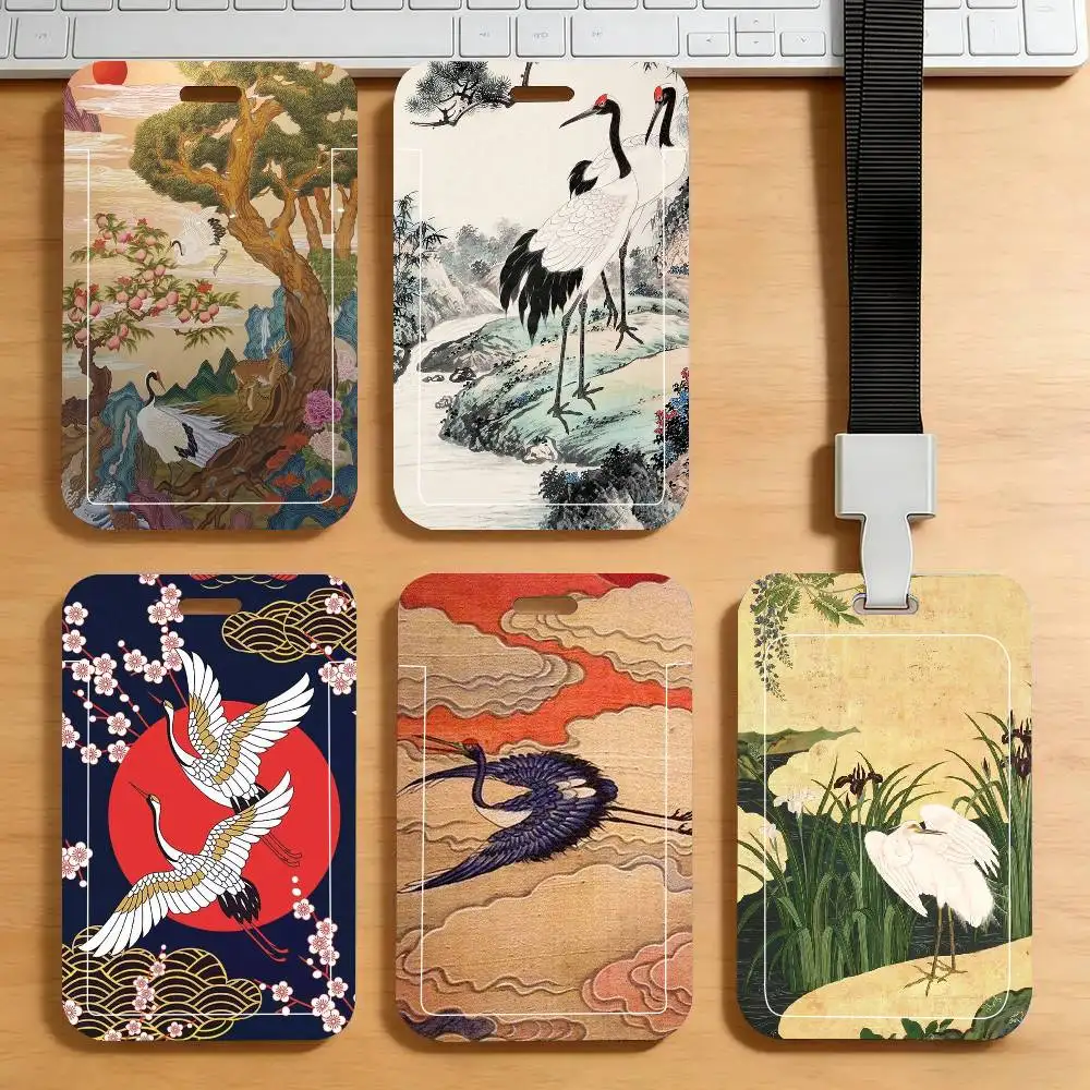 Red-crowned Crane Black Lanyard Card Holders Student Meal Cards And Campus Ids School