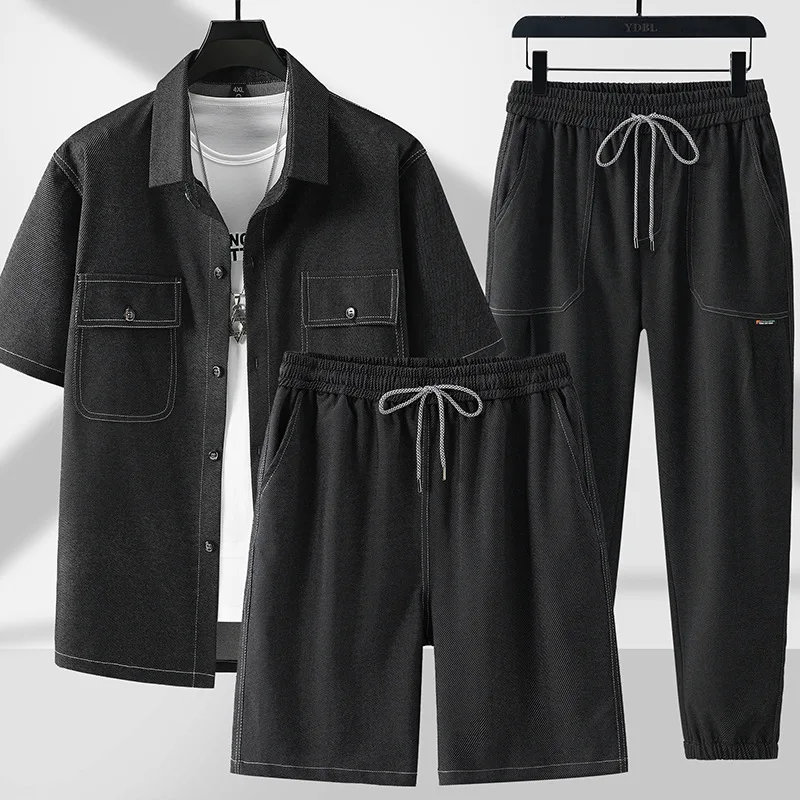 

Men 2 Pieces Sets Shorts Ankle Length Straight Pants Single Breasted T Shirts Cardigan Tops Casual Sports Solid Pockets