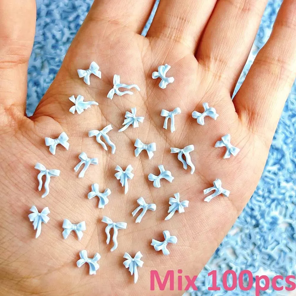 100pcs 3D Sweet Light Blue Bow Nail Art Decoration Mini Resin Ribbon Bow Nail Charms Kawaii Manicure diy Bulk Nail Supplies YT%8