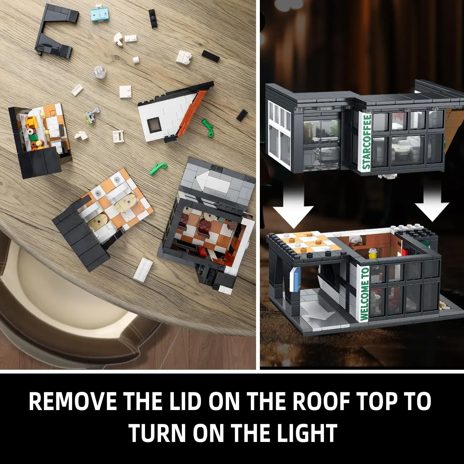 クリスマスプレゼント！ ファンタジーコーヒーハウスビルディングブロック |   発光ライトストリング+ダブルシート付き |   8～14歳のお子様向けのおもちゃ