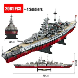 2081pcs Military WW2 Bismarck Battleship Large Boat Cruiser Model Weapon Building Blocks MOC Warship Set Toys for Children Gifts