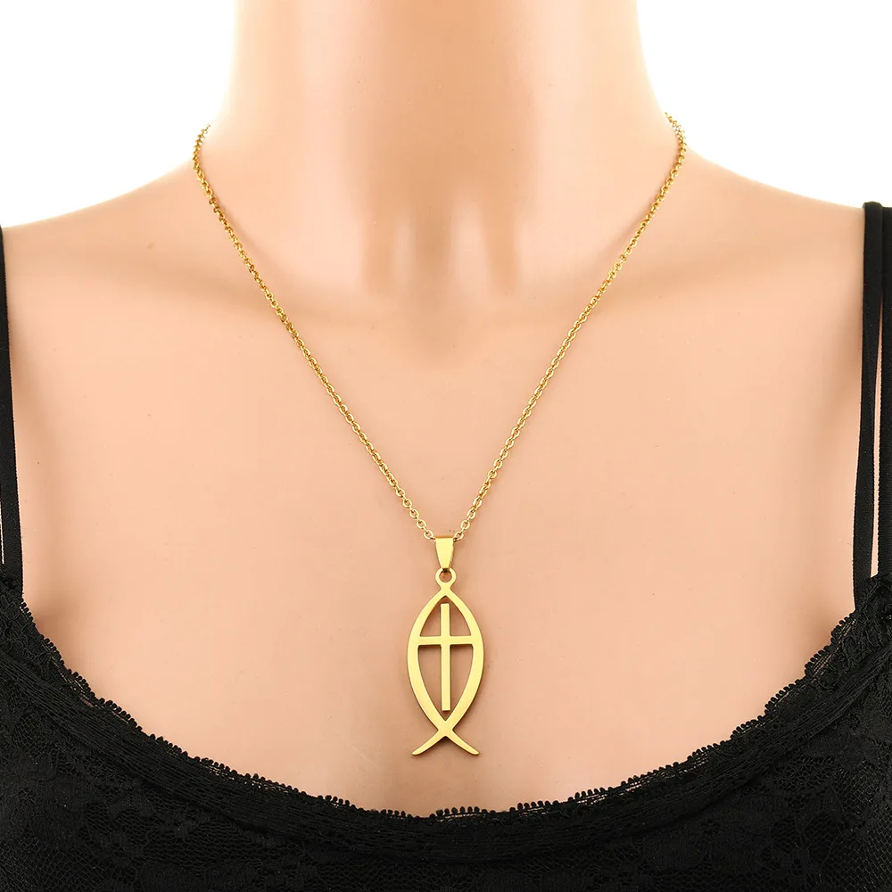 Jesus Hollow fish shaped design cross Couples ethnic style Stainless Steel Hollow Pendant Necklace Lucky Blessings Jewelry