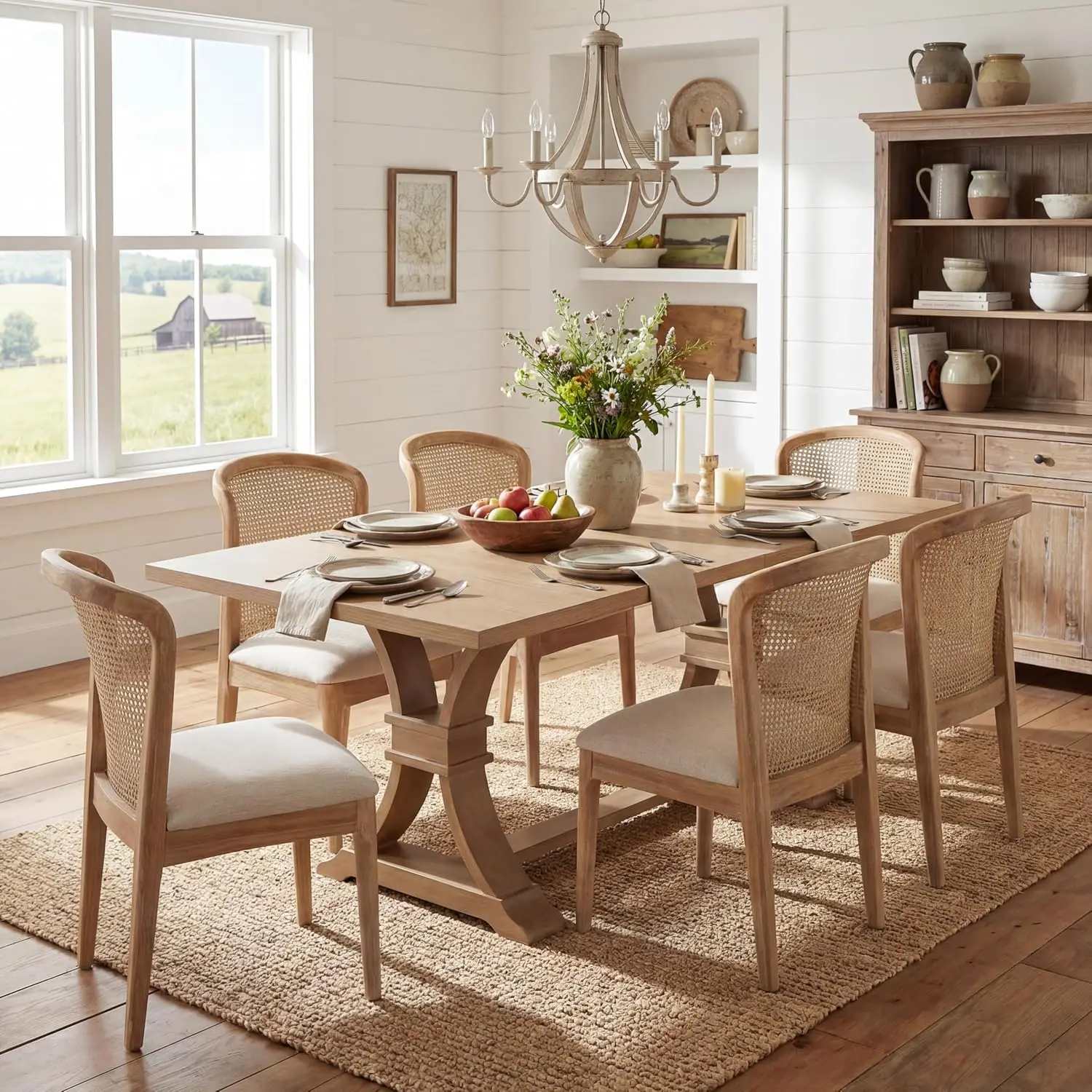 Lilia Extendable Dining Table Set for 6, Expandable Kitchen Table and Dining Chairs Set of 6, Solid Wood Dining Room Table Set
