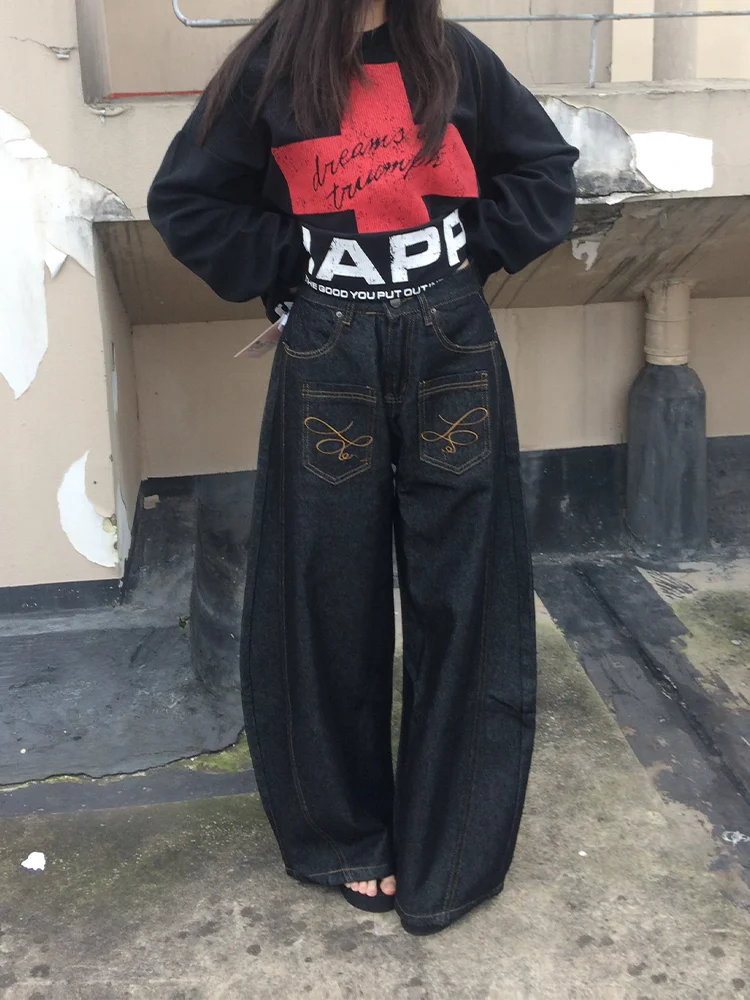 

Large Size American Washed Retro Black Wide Leg Jeans Women's Casual Loose Fitting Embroidered Pocket Pants High Waist Denim