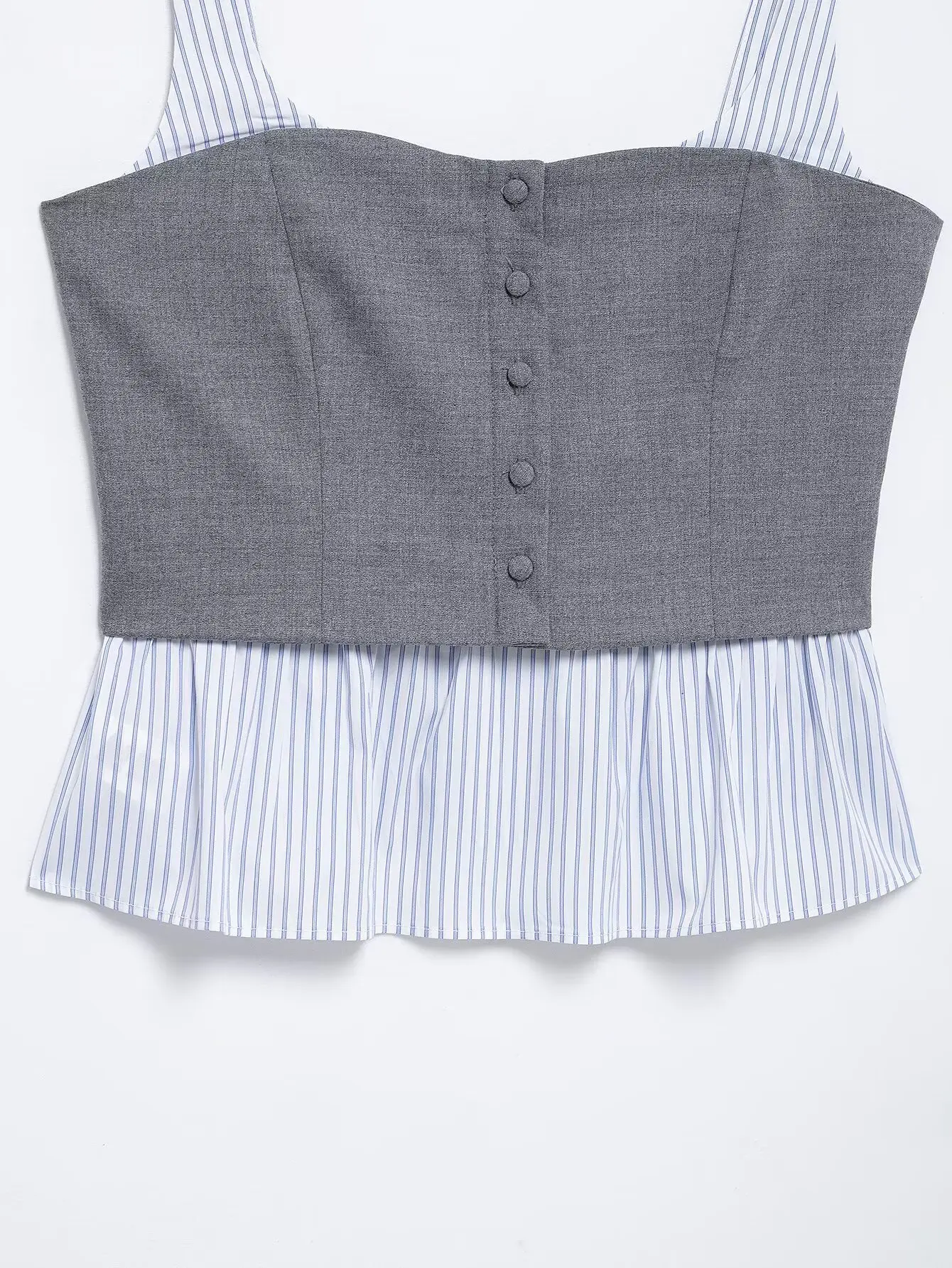 여성 포플린 스트라이프 스티칭 라운드넥 스트랩 탑, 핀스트라이프, 분위기 있는 패션, 미드 웨이스트 미니 스커트, 2025 RARA 용수철 신상