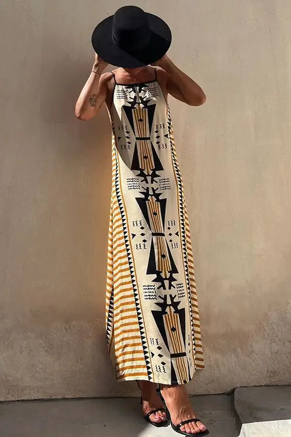 Geometric Patterns Backless Sling Dresses Casual Sleeveless Loose Midi Dress Robe 2023 Summer Fashion Beach Long Dress Vestidos