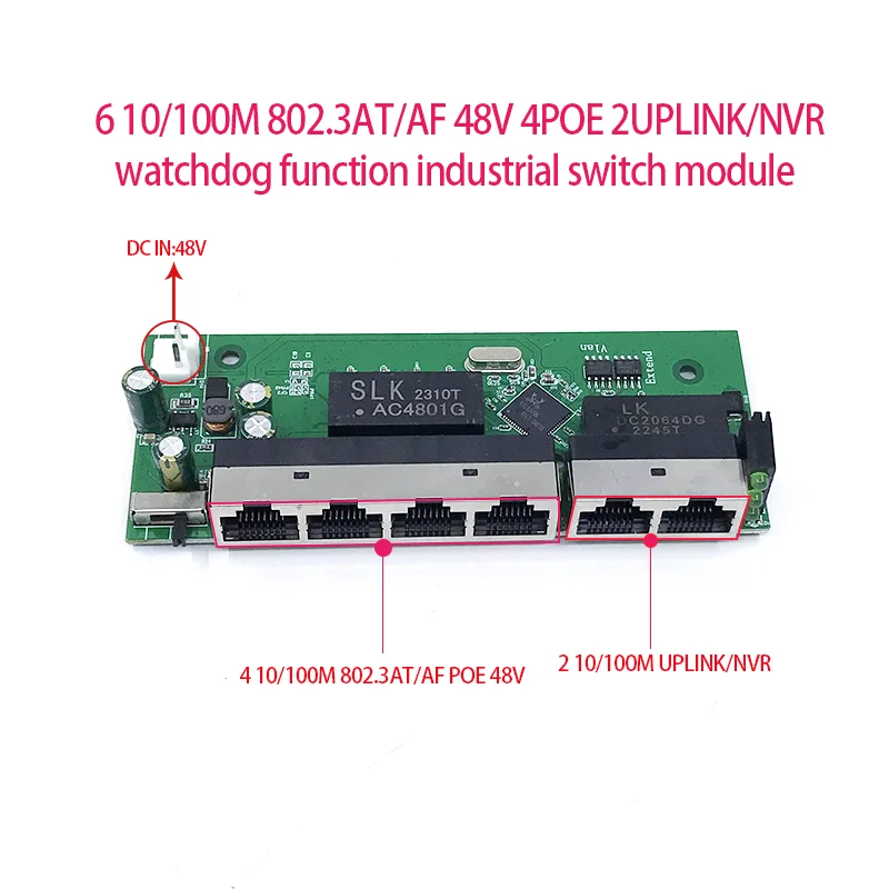 Standard protocol 802.3AF/AT  48V POE OUT/48V poe switch 100 mbps  4port POE with 2port uplink/NVR ; Watchdog function