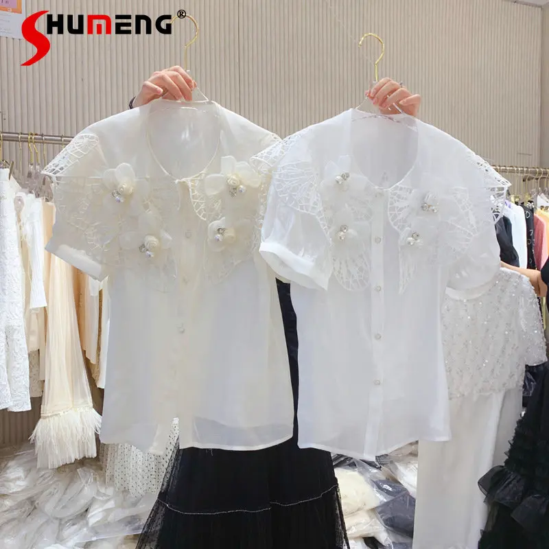 

Design Sense Flower Cutout Lapel Short Sleeve Shirt Single-Breasted Loose and See-through Shirt Female Ins Summer Tops