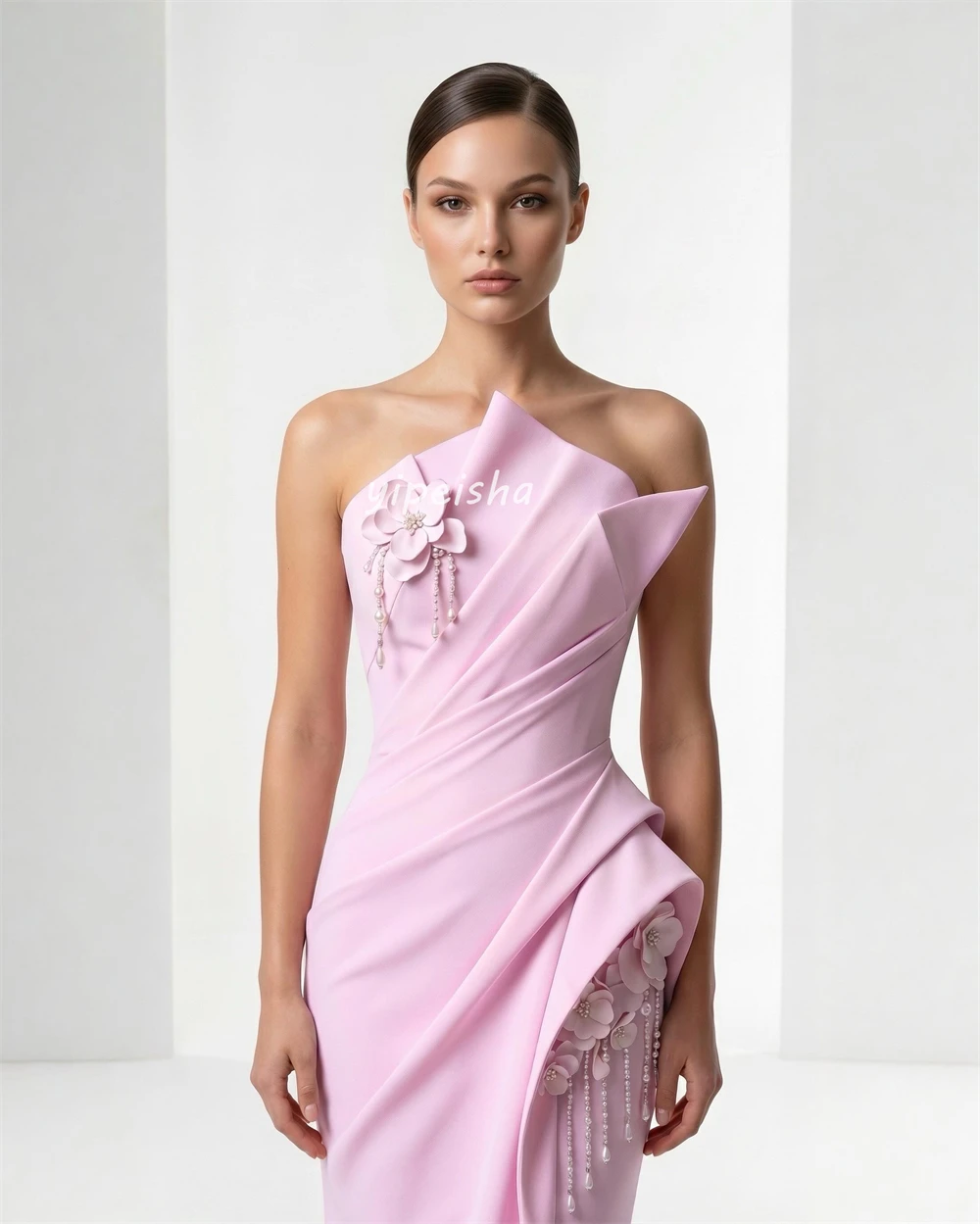 

Customized Classic Women Jersey Handmade Flower Beading Straight Evening Dresses Fashion Strapless Sleeveless Long Prom Dresses