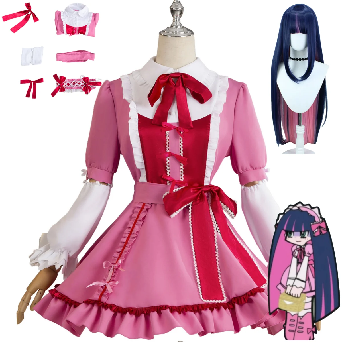 Anime Stocking Anarchy Panty & Stocking with Garterbelt Cosplay Costume Pink Princess Dress Lolita Wig Woman Kawaii Party Suit