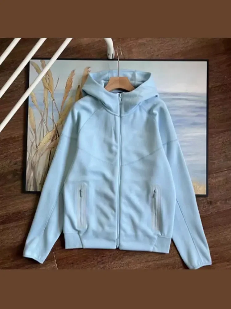 

Модная однотонная мужская толстовка с длинным рукавом, пальто, осенняя толстовка на молнии с карманами и капюшоном, Y2k, уличная спортивная куртка-бомбер высокого качества