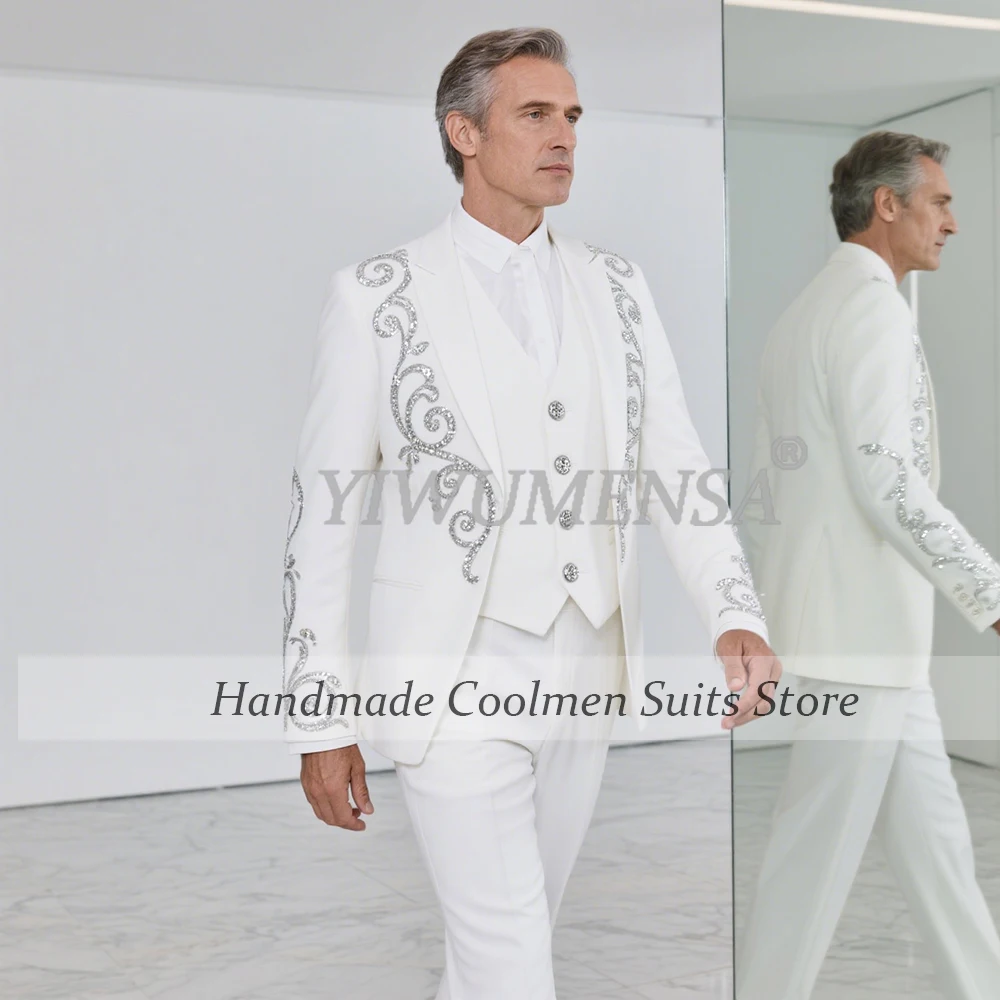 

Sparkling Crystals Beaded Groom Wedding Suits Slim Fit 3 Pieces Sets Outfits Customized Man Fashion Peaked Lapel Prom Tuxedos