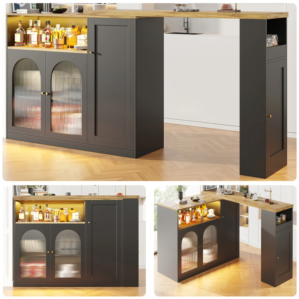 Table de bar rotative à 360° 198 x 39,6 x 97 cm, buffet en bois grainé noir mat avec porte en verre, éclairage LED, armoire de rangement pour vin et café