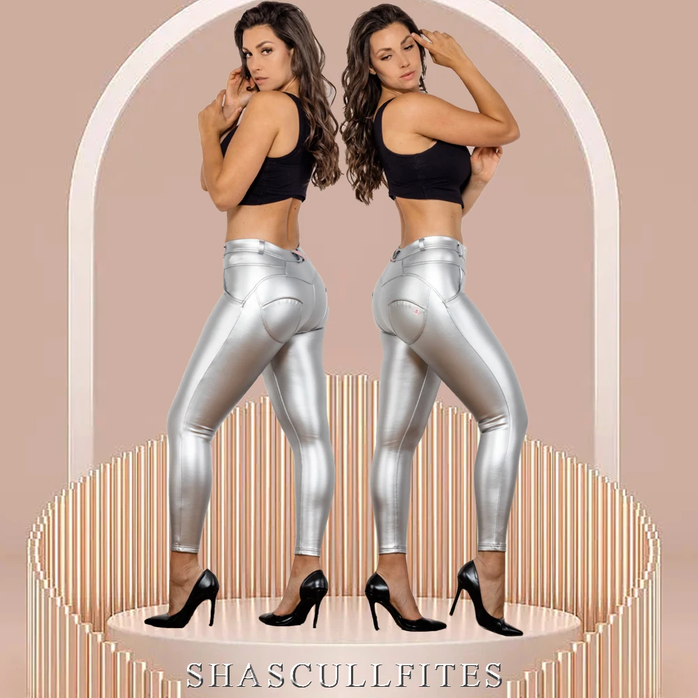 

Shascullfites Butt Lift Pants Skinny Leather Shiny Silver Coated Metallic High Stretchy Fitness Slim Pants Nightclub Stage