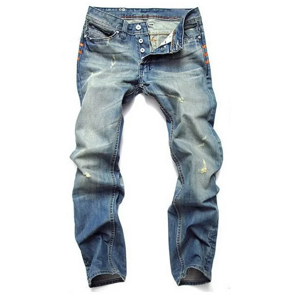 Pantaloni da uomo Slim in Denim invecchiato uomo azzurro Vintage lavato dritto strappato pantaloni da Cowboy Button Fly Stretch Jeans larghi