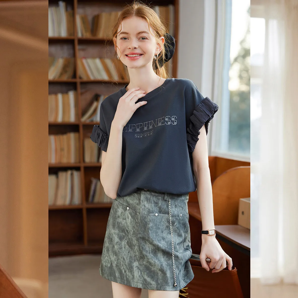 LOUIS YAO Women's T-shirt with Off Shoulder Sleeves Patchwork 2025 Summer Casual Letter Embroidered Design Short Sleeved Shirt