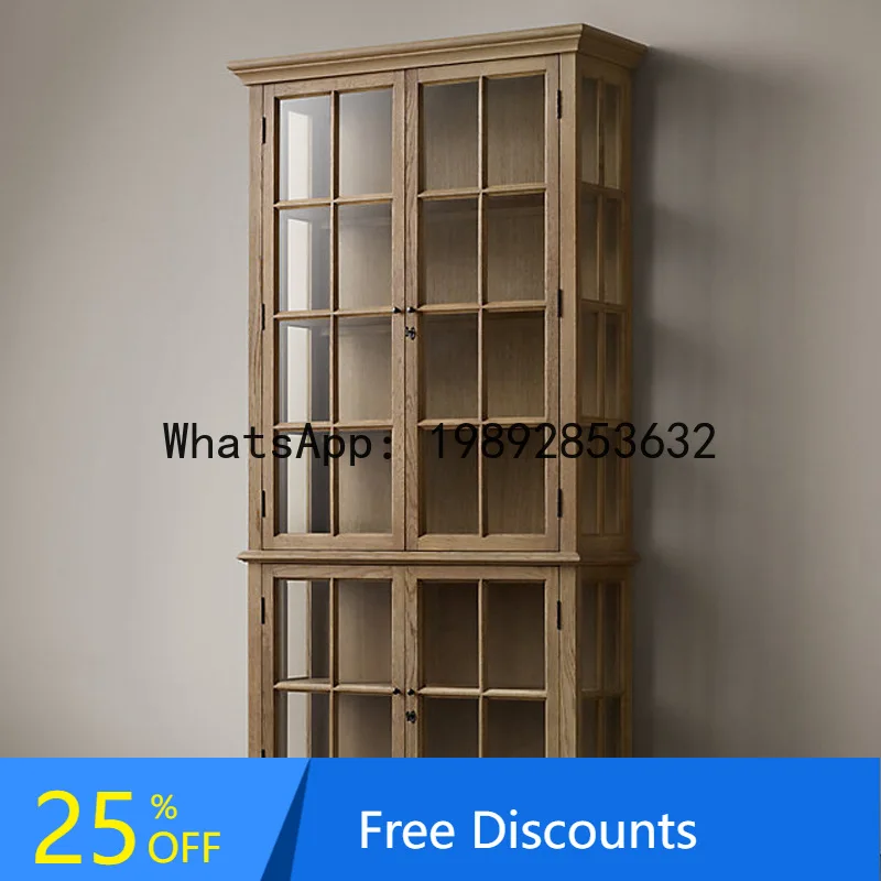 

CZ American Country Style Solid Wood Bookshelf French Retro Wine Cabinet Small Apartment Glass Door Storage Cabinet