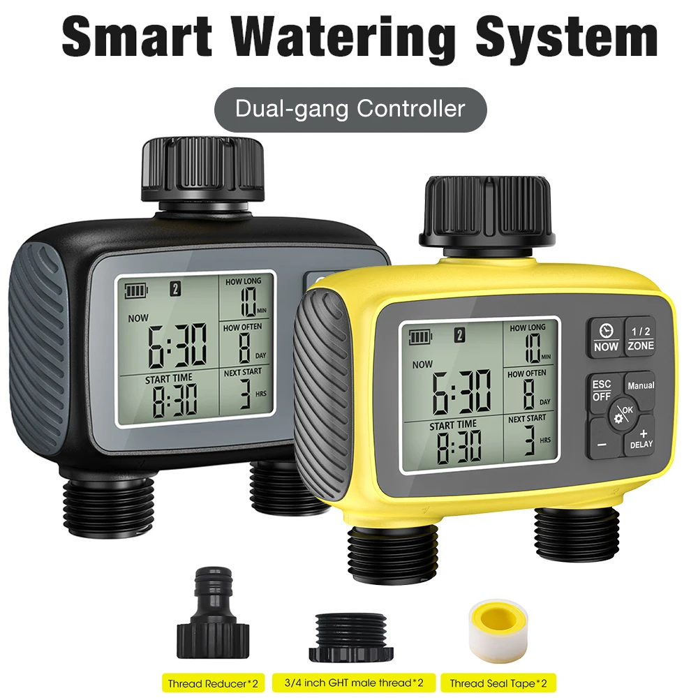 Dual Outlet Garden Watering Timer Digital Display Hose Sprinkler Timer Programmable Irrigation Controller Automatic Watering Sys