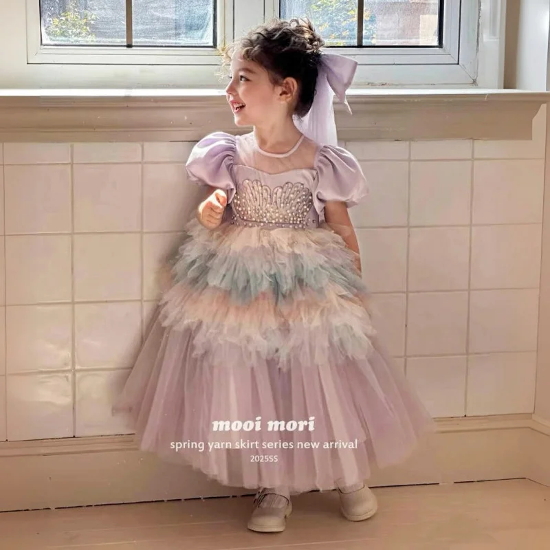 

2025Girls Summer New Purple Short Sleeve Puffy Gauze Birthday Dress Princess Dress
