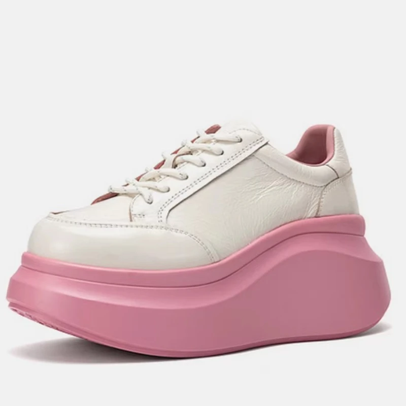 White-pink Chunky Sneakers Genuine Leather Thick Sole Casual Sports Shoes for Women's Spring New Fashion Height Increasing Shoes