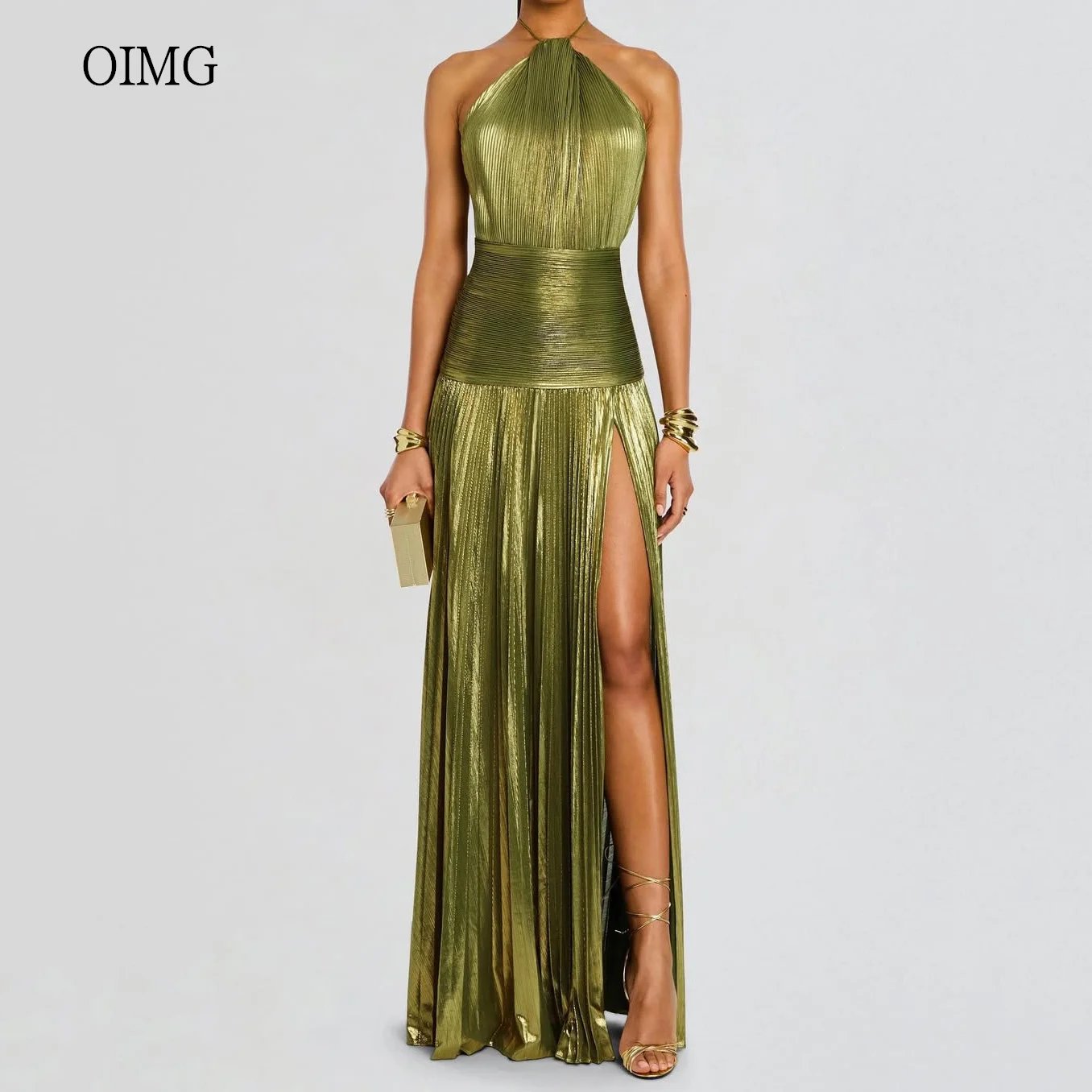 

OIMG Shiny Olive Green Halter A Line Prom Gowns Backless Side Slit Pleated Party Gown Floor Length Evening Dress Customized