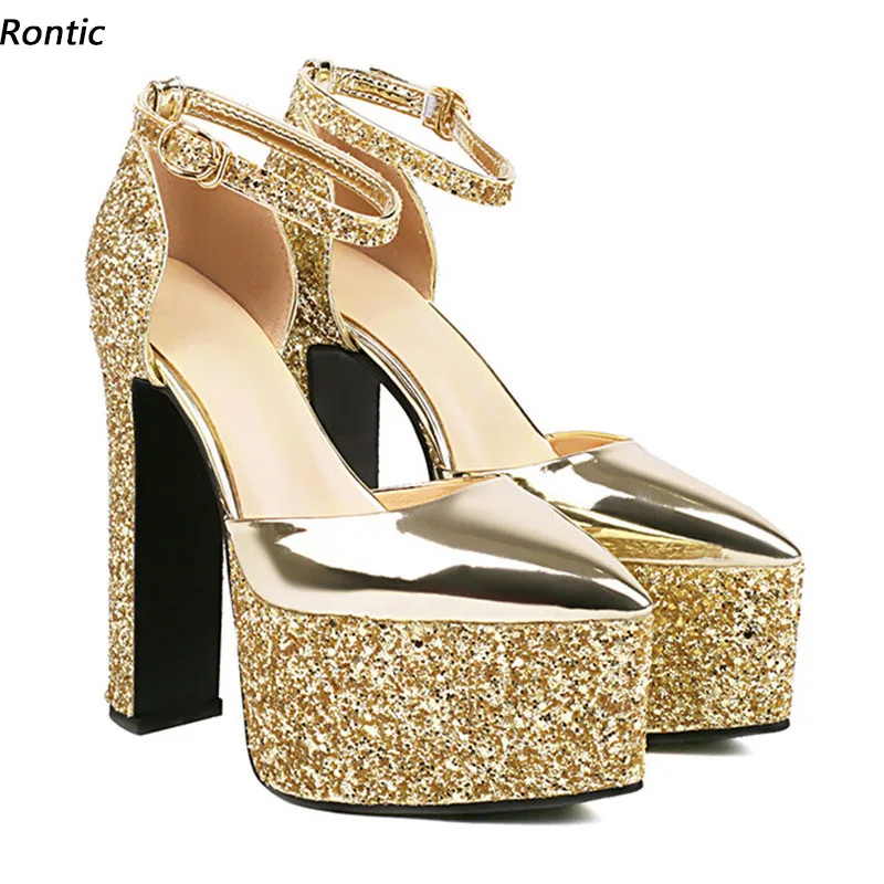 

Rontic/Новое поступление, женские весенние туфли-лодочки с ремешком на щиколотке, массивные каблуки с острым носком, красивые золотые, серебряные, красные туфли для вечеринок, размер США 3-10,5