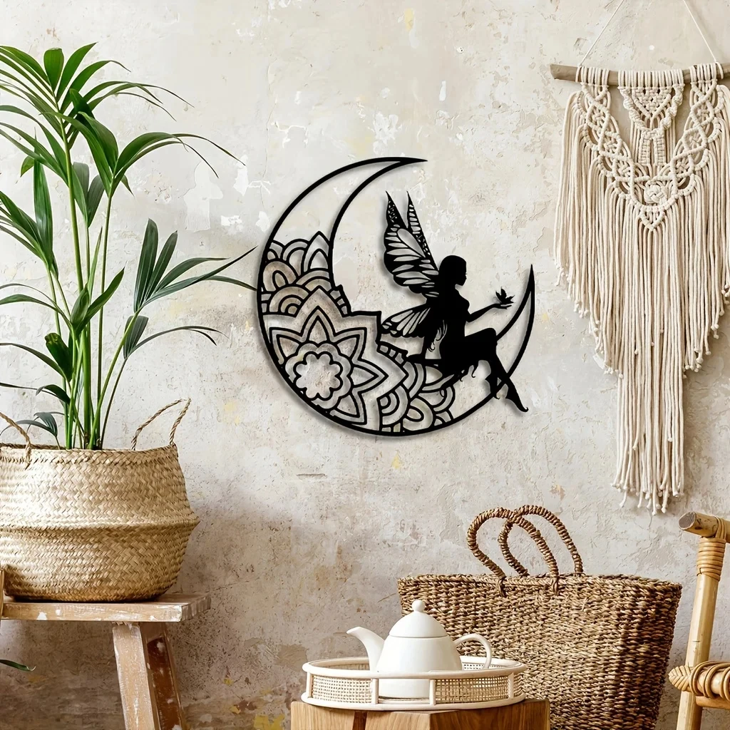 Mondfee 1 Stück Metallschild Plakette Fee Metall-Wandkunst 3D Metall-Silhouette für Zimmer Außenbereich Heimdekoration Lustige Dekoration