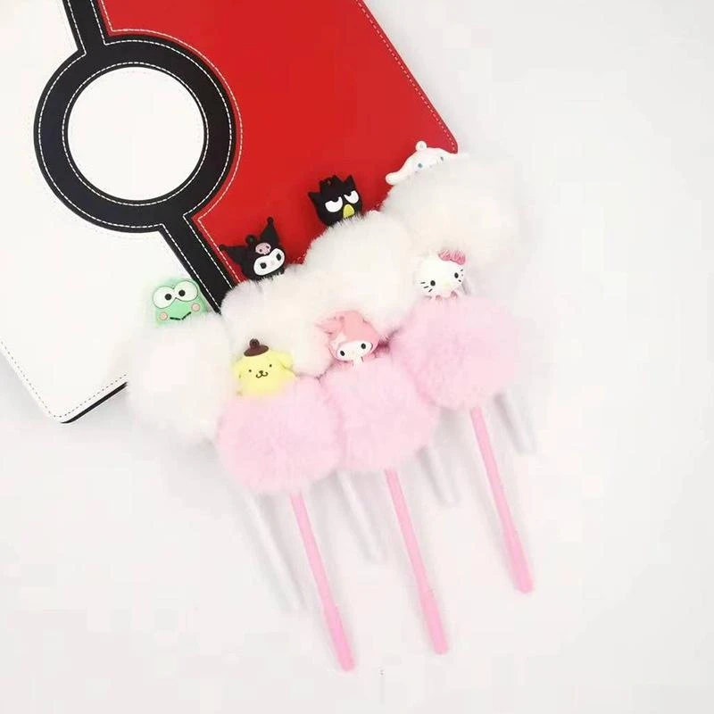 Sanrio 6/12pcs Gel Pen Kawaii Hello Kitty Kuromi Cartoon Hair Ball Pen Student Writing Brush Pen Office Stationery Wholesale