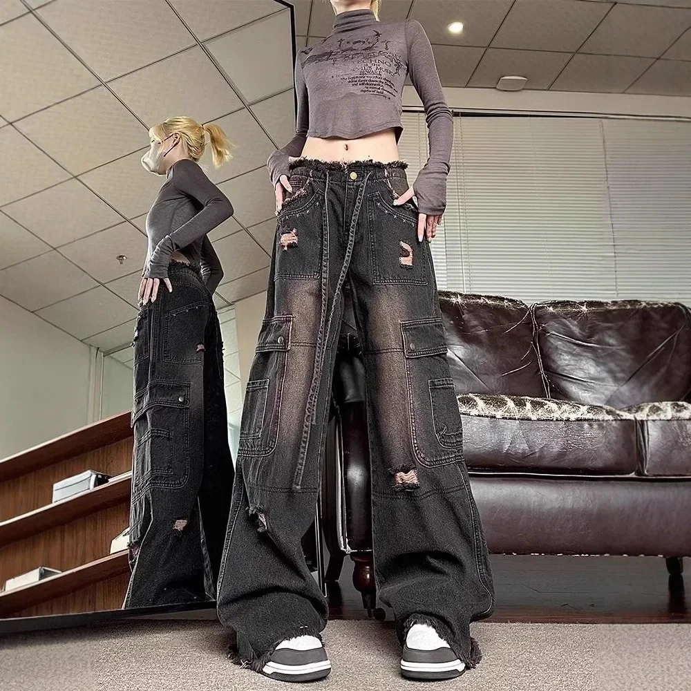 

Широкие повседневные джинсовые рабочие брюки с высокой талией, женские весенне-осенние новые стильные прямые джинсы в американском стиле High Street в стиле ретро