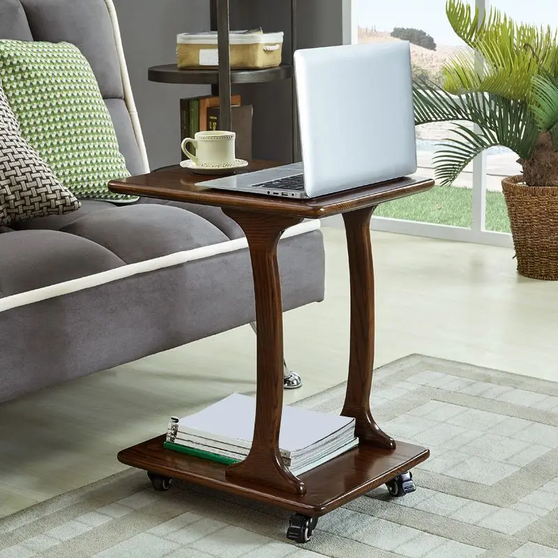 Customizable Solid Wood Living Room Sofa Side Table Movable Corner Table Balcony with Wheels Square