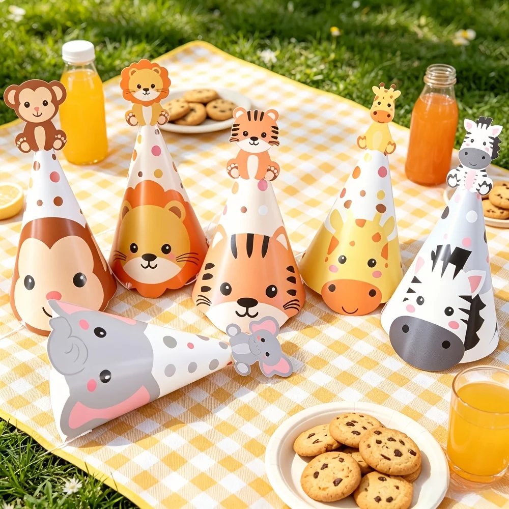 6 Piezas de Gorros de Fiesta con Temática de Animales del Bosque, Diademas de León, Tigre y Elefante de Dibujos Animados, Decoraciones, Accesorios para Fotos, Gorros de Papel para Fiestas
