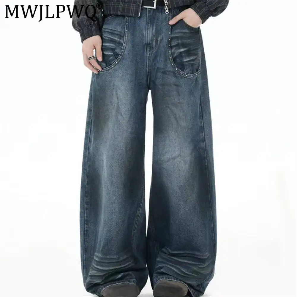MWJLPWQ Punk-Style Distressed Jeans For Men High Street Fashion Rivet Pockets Unique Niche Design Denim Straight-Leg Pants 20124