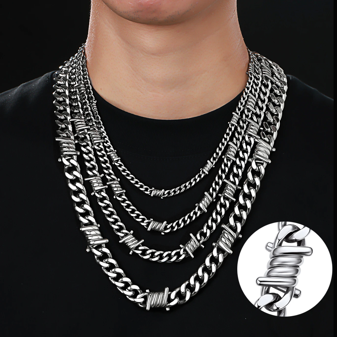 U7 Barbed Wire Chain Necklaces for Man 5/7/9/12mm Thorns Necklace 316L Stainless Steel Thick Cuban Link Chains 16/18/20/22 Inche