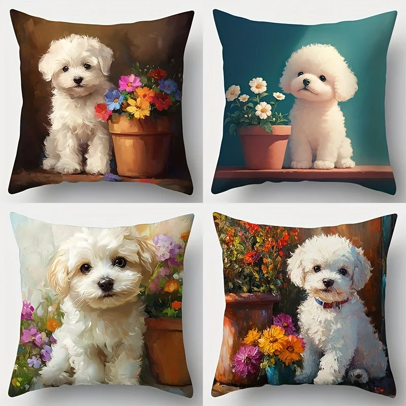 4Pcs White Dog Pillow Covers 40x40cm Double-sided Printed Flower Pot Cushion Cases Cute Pet Home Decor No Insert