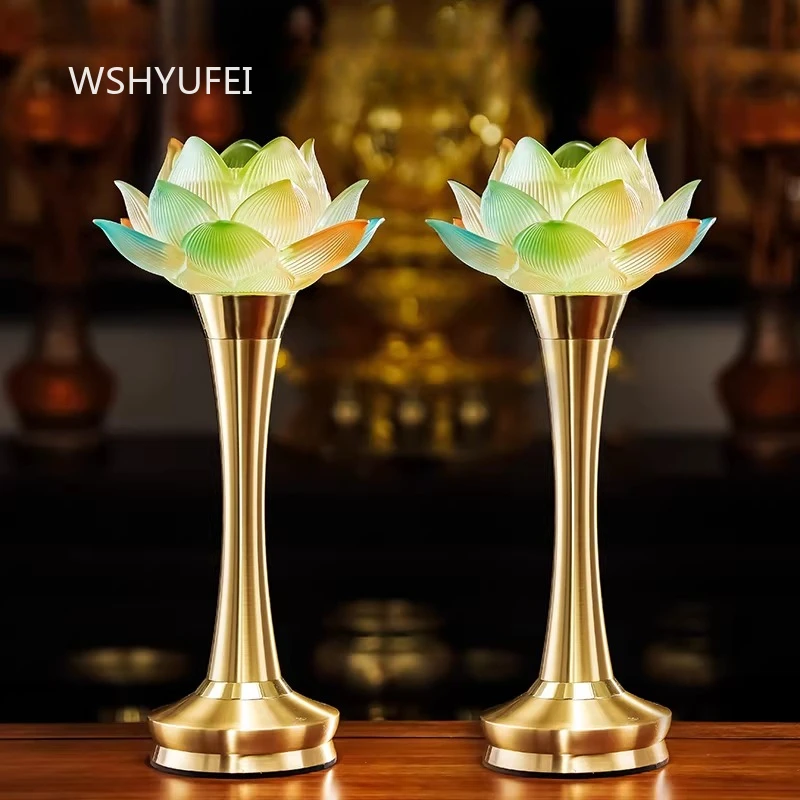 2pcs Glass LED Lotus Lamp Colorful Offering of Ever Burning Lamps Plug in Buddhist Hall Decoration Religious Ornaments Crafts