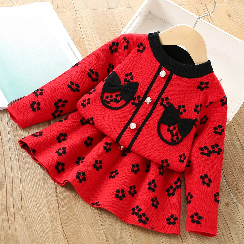 

Girls Sweater Set Korean Fashion Outfits Autumn Winter Knitted Long Sleeve Sweater Tops + Skirt 2pcs Sets Kids Clothing Suits