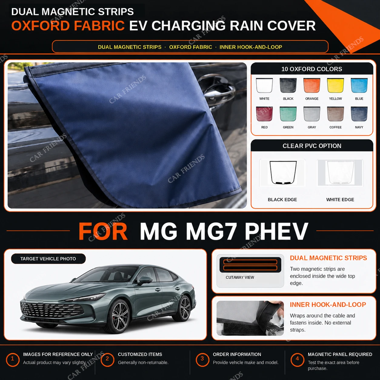 For MG MG7 PHEV Oxford Fabric EV Charging Port Rain Cover with Dual Magnetic Strips, Water-Repellent, Scratch- and