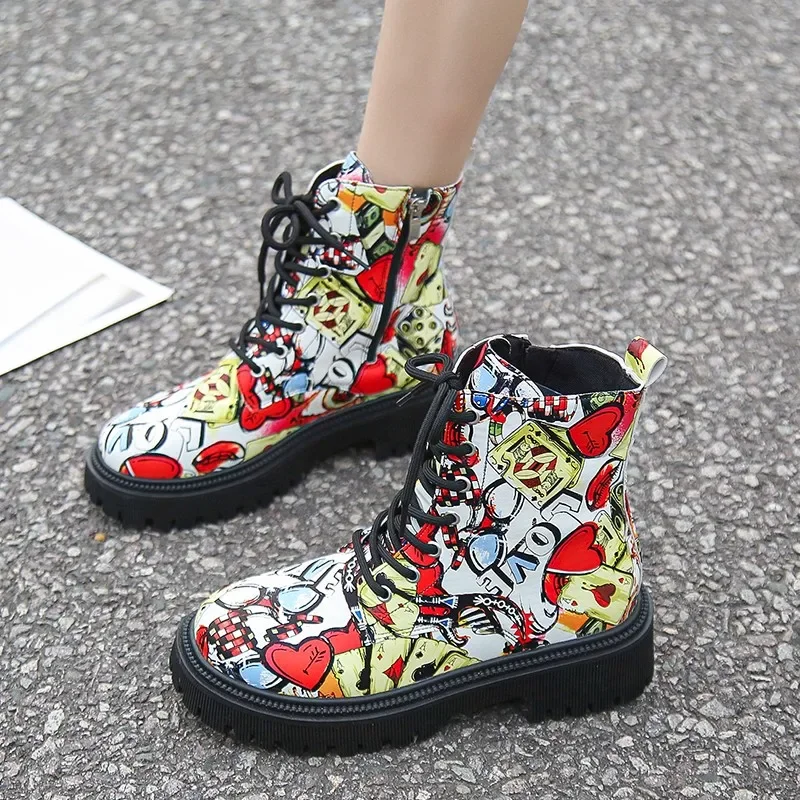 Women Random Graffiti Ankle Boots Leather Shoes Halloween Series Designer Platform 2024 Trend New Sports Running Sneakers Mujer