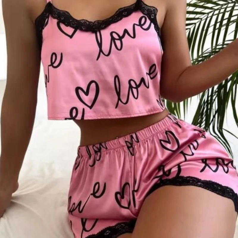 Conjunto de pijama Floral Sexy para mujer, de 2 piezas ropa de dormir, ropa interior de seda satinada con patrón de amor, Top y pantalones cortos